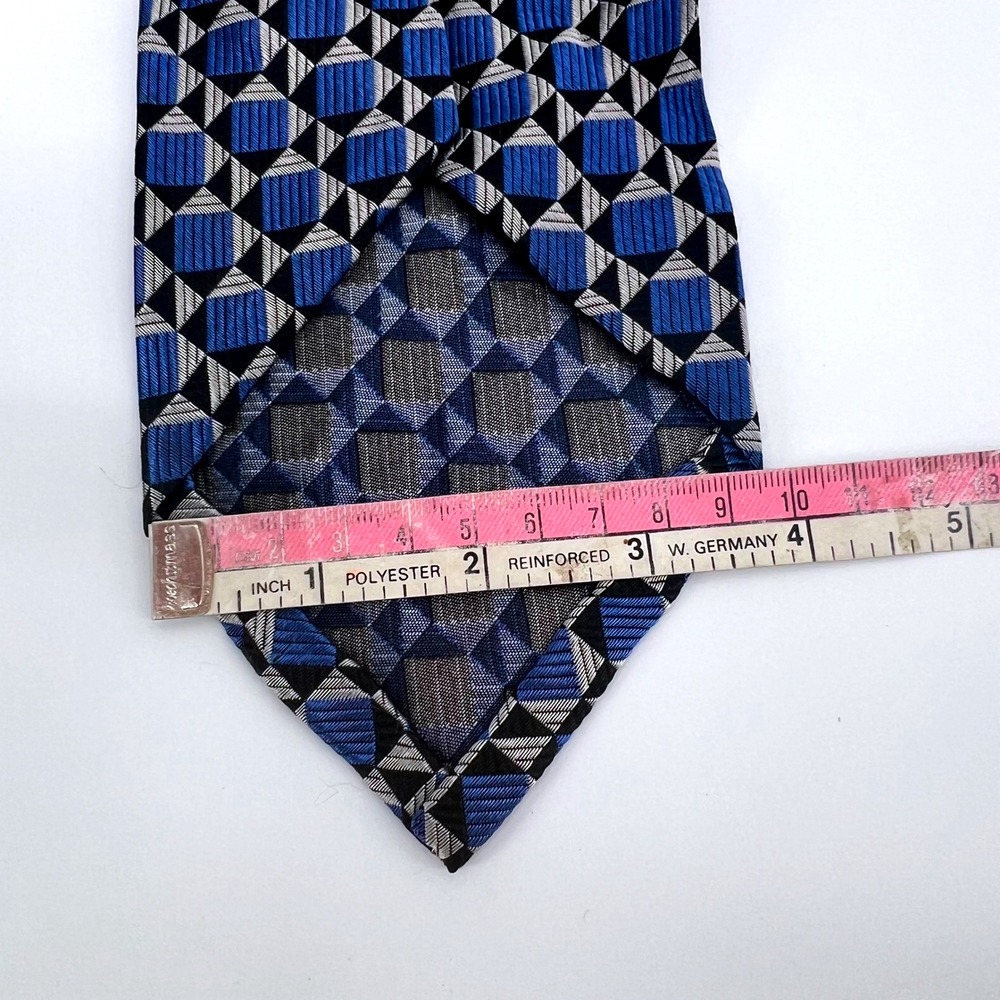 Hickey Freeman Silk Tie Blue Geometric Hand-Folded Made in USA Retro Vintage - Picture 3 of 4